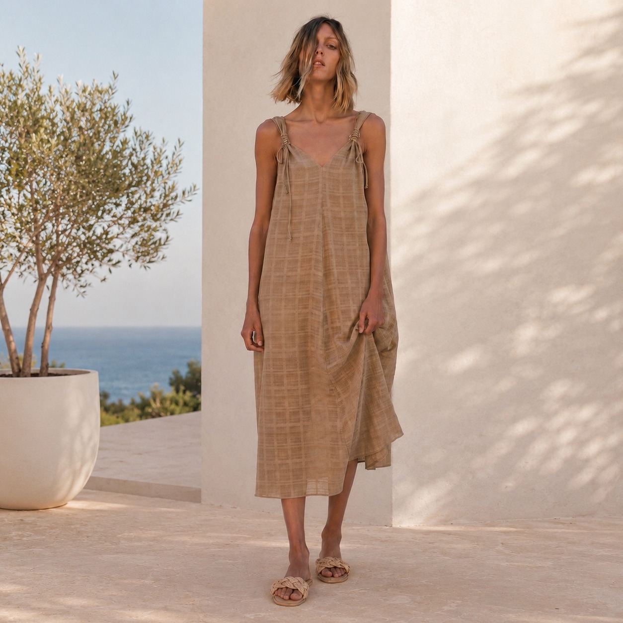 Zara Cotton Summer Midi Dress Womens Small Tie Boho A-Line Costal Chic Tan Beige